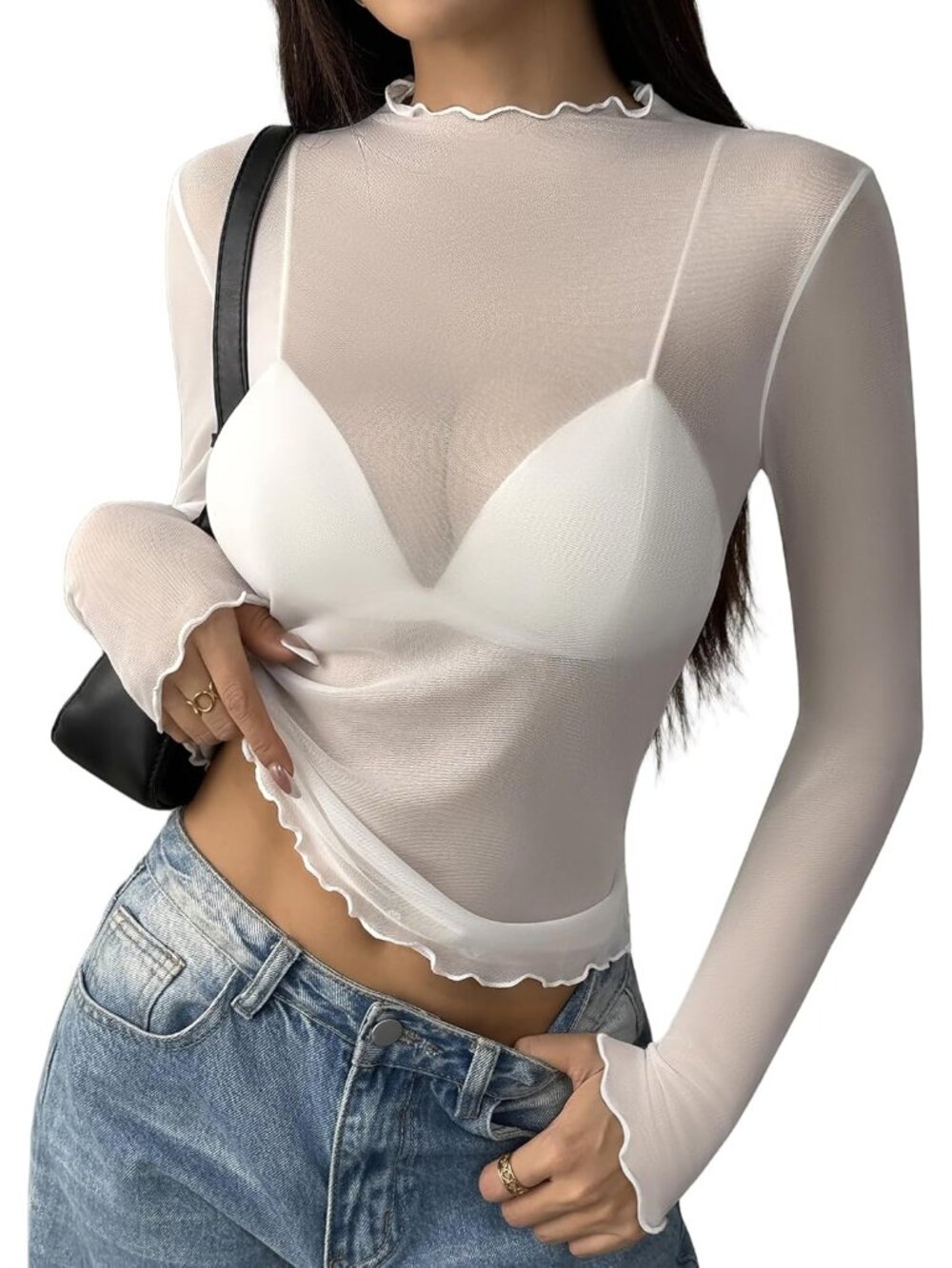 Women's White Star Polyester Mock Neck Long Sleeve Clubwear Sexy Blouses